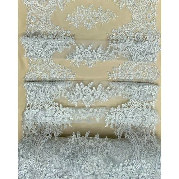 DECORATIVE SILK INC. Sequin lace Fabric with Embroideries on mesh - 1 Yard (WHITE) VT-14
