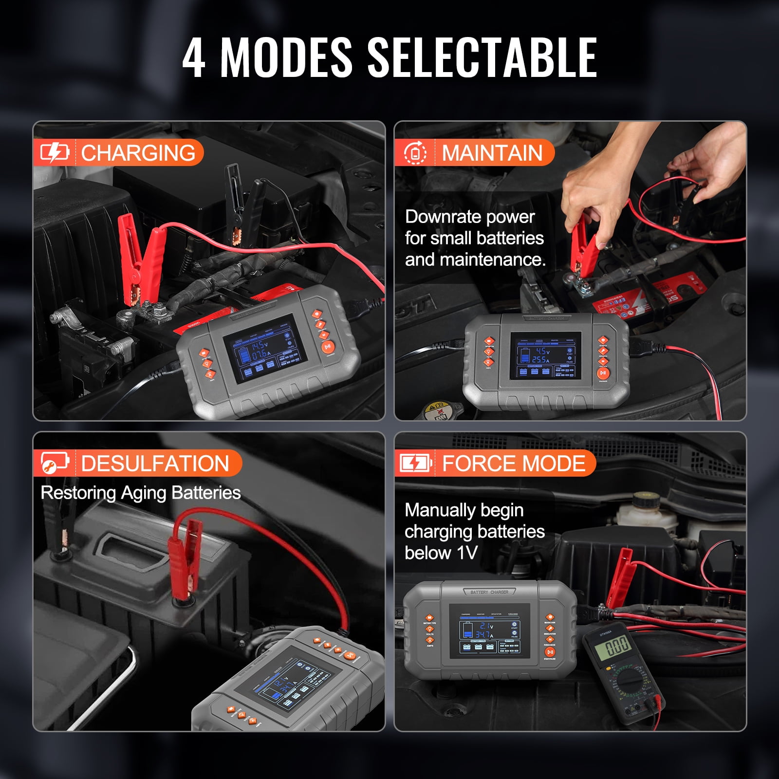 KFFKFF Smart Battery Recharger, 35-Amp, Compatible with Lithium LiFePO4 and Lead-Acid (AGM / Gel / SLA) Car Batteries, Comes with LCD Screen