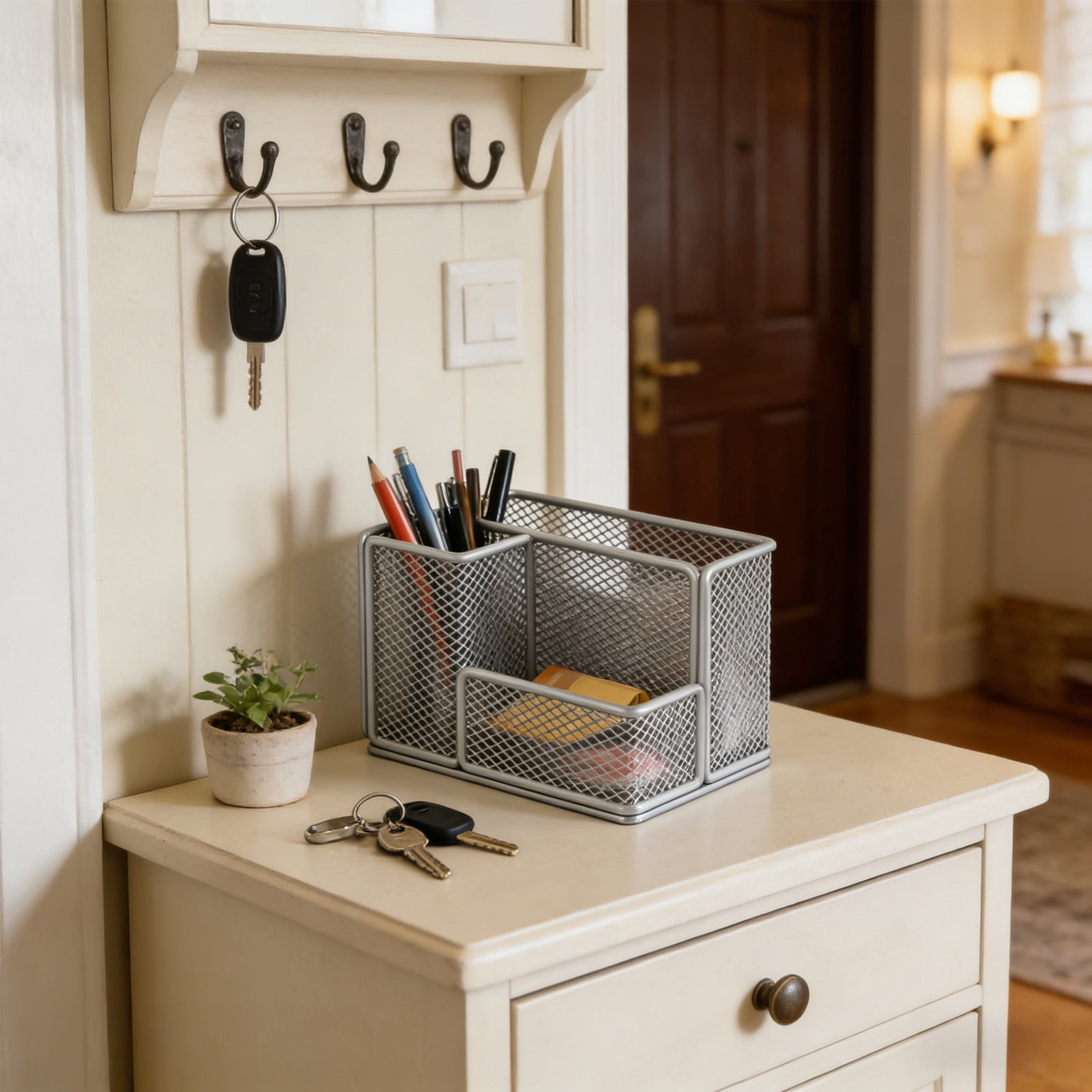Mesh Pen Pencil Holder Desk Organizer, 3 Compartment Wire Desktop Pen Pencil Cup Caddy Office Supplies Desk Accessories for Home Office, Gray