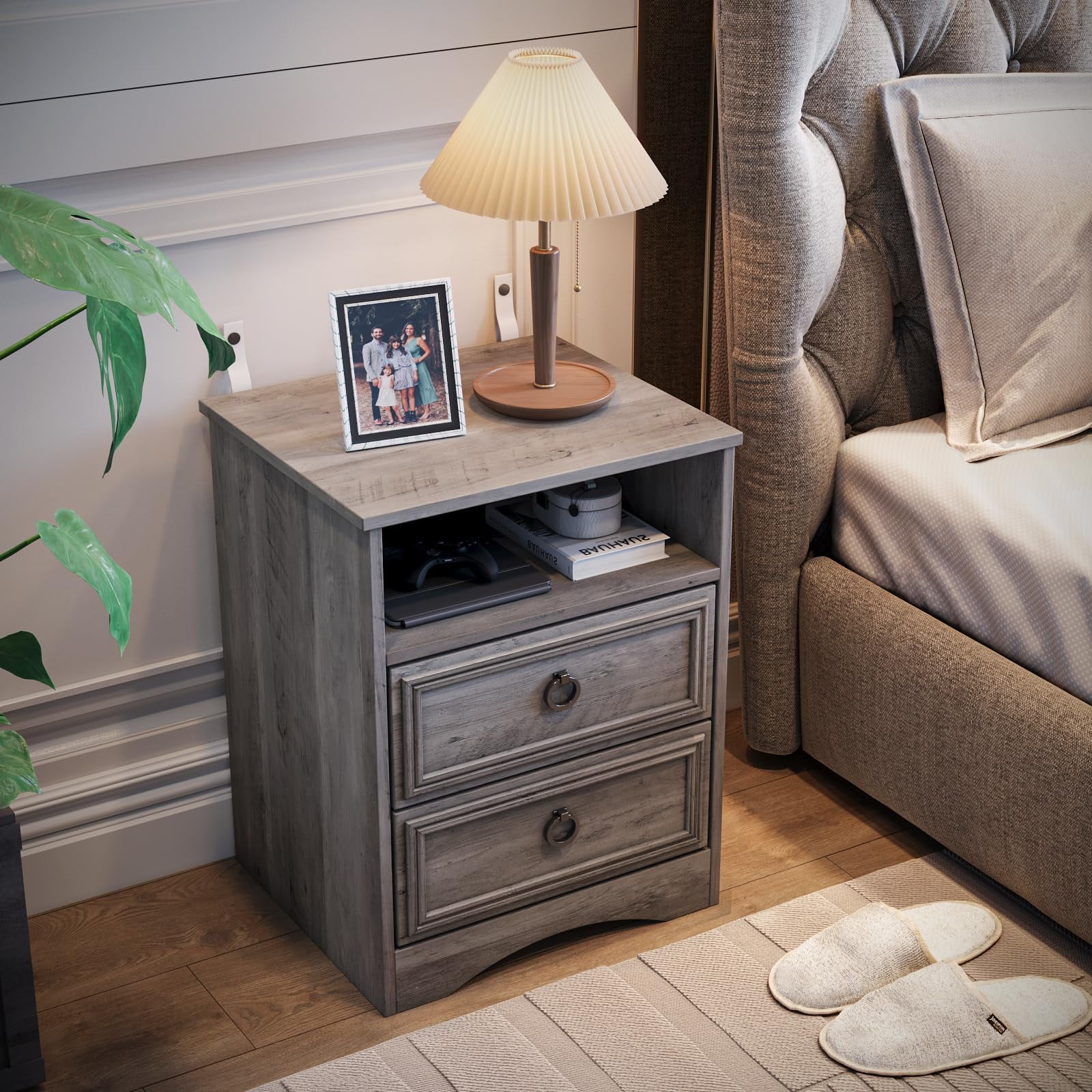Furpezoo Nightstand Set of 2, Bedroom Bedside Table with 2 Drawers, Compartment ,Gray