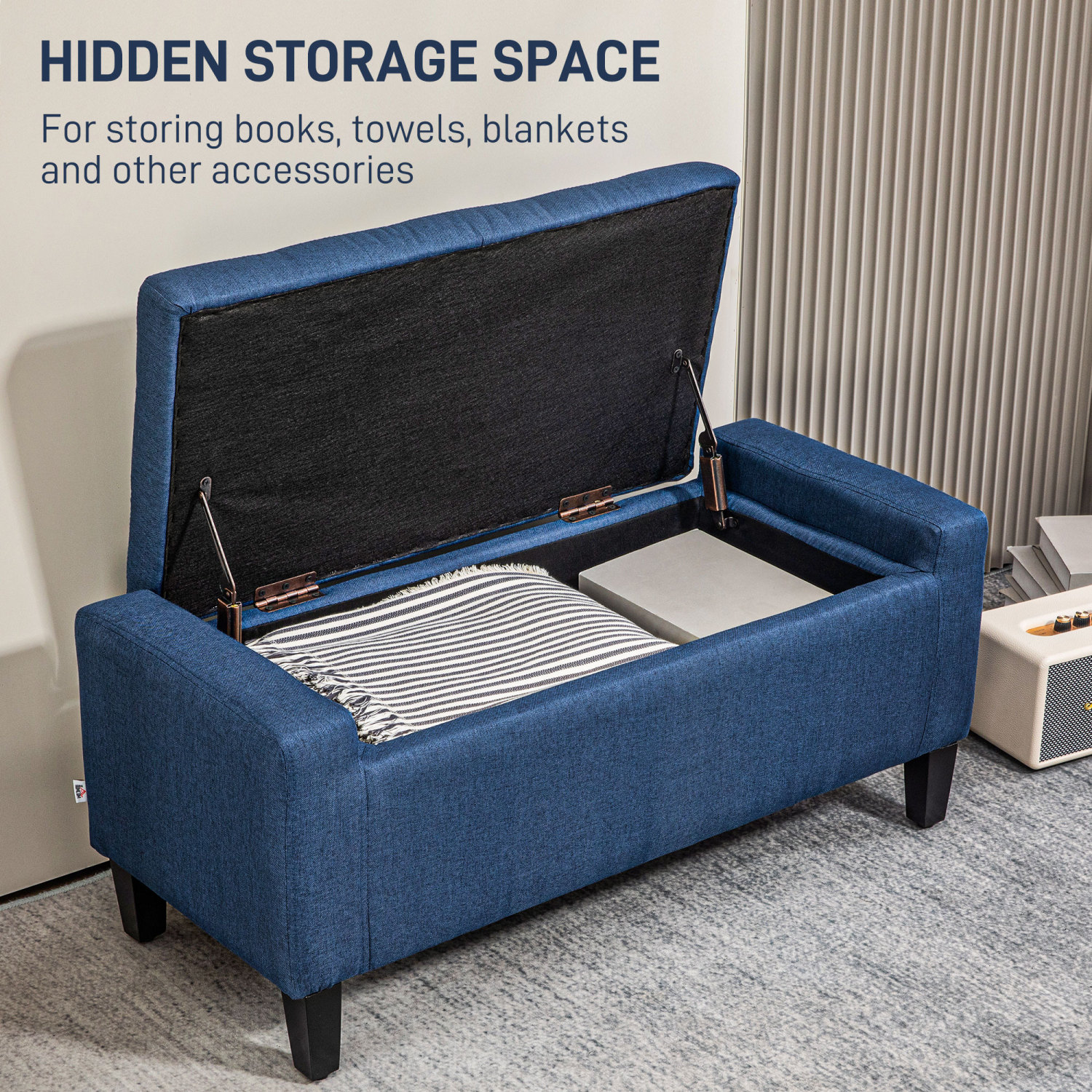 Versatile Storage Ottoman, Linen Fabric Footrest for Living Room, Blue