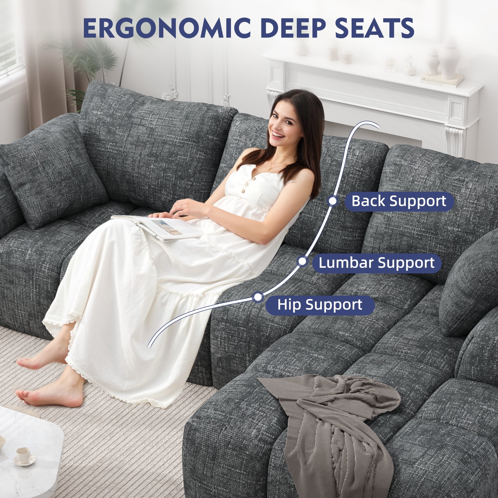 IDEALSOUL Sectional Sofa, 101" L-Shaped Modular Cloud Couch,Unique Chenille Fabric Couches and Sofas,Compression Sofa No Assembly Required(Deep Gray)