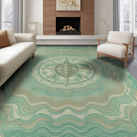 ODIKA 8'x10' Washable Area Rug Non-Shedding, Easy Care, Turtle Central Navigation Rose Coral Teal Symmetrical for King Size Bedroom Under Bed, Master Suite
