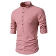 thumbnail image 2 of JUUYY Mens Casual Banded Collar Stripe Dress Shirts Long Sleeve Button Down Mandarin Collar Shirt Fall Solid Color Stretch Shirt Tops Pink XXL, 2 of 9