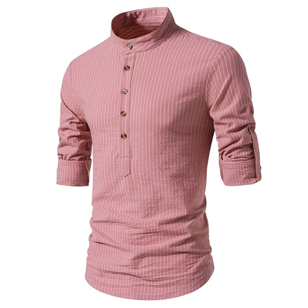 Blusa y camisa de manga larga con cuello alto para hombre, informal, con botones y rayas, blusa de manga larga con cuello alto, blusa para hombre