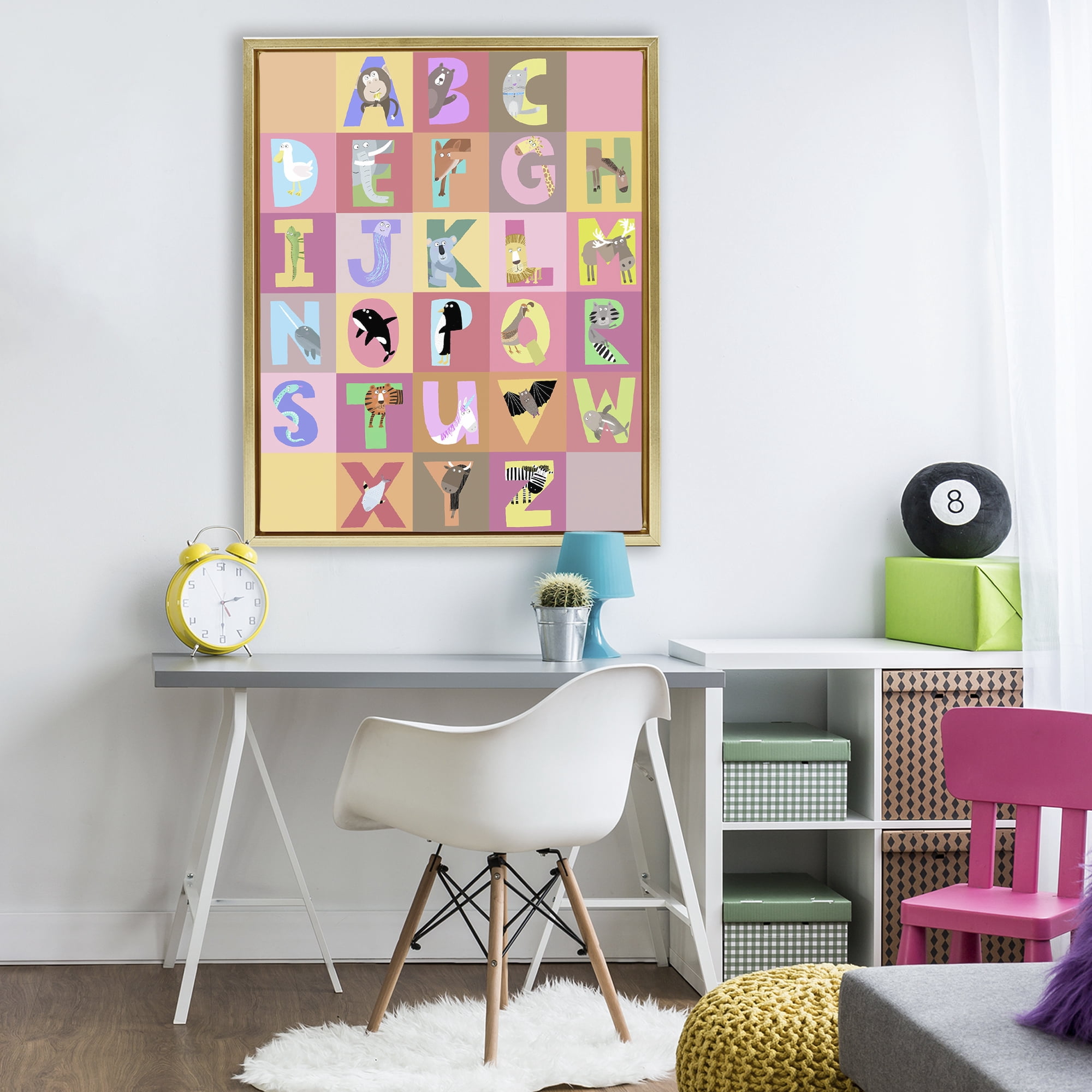Stupell Industries Animal Alphabet in Pink Gold Framed Floater Canvas Wall Art, design by Carla Daly