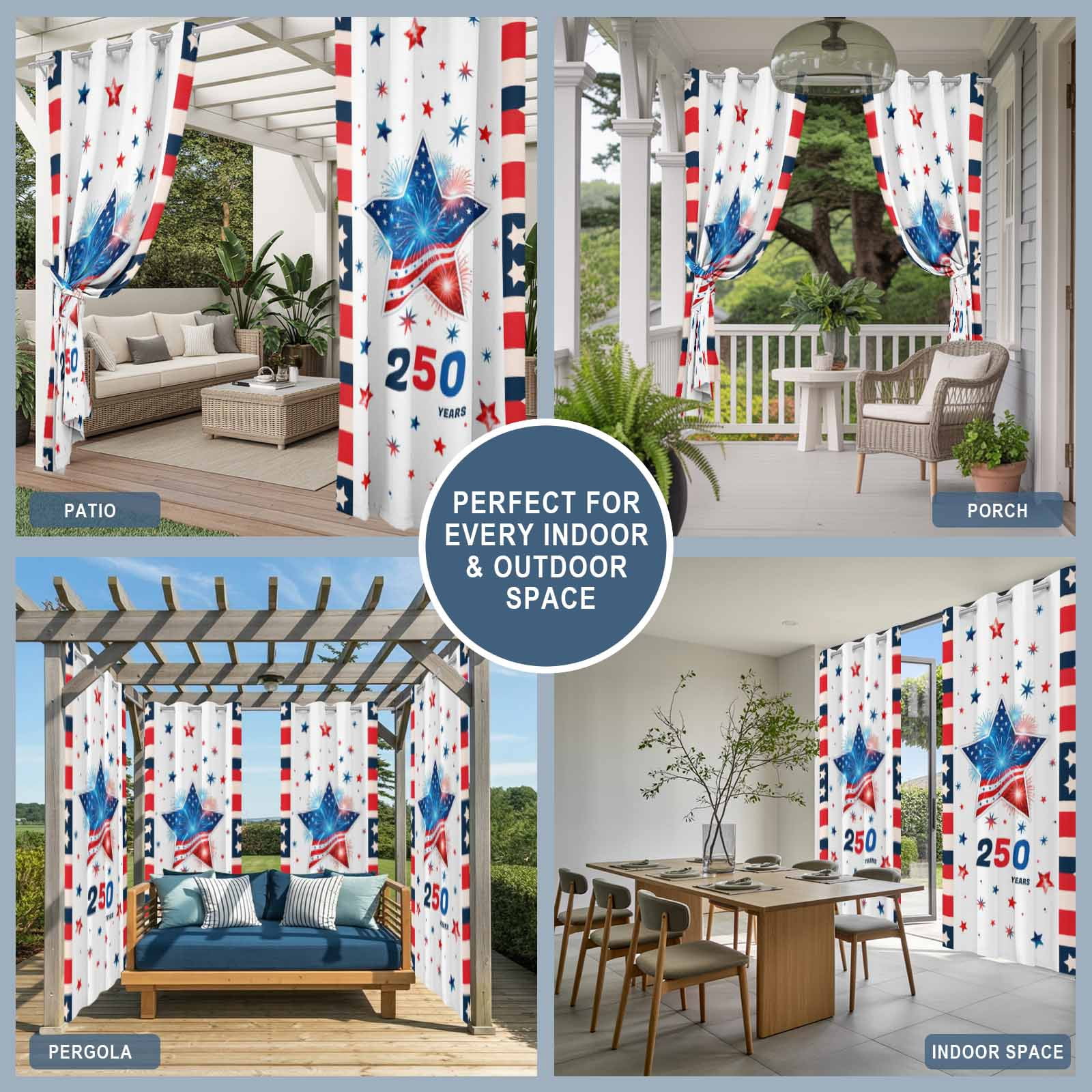 Independence Day Outdoor Curtains for Patio, Years US Flag Red Blue Star Fireworks Sunshade Privacy Drapes Grommet Waterproof Outside Curtains for Porch/Cabana/Balcony 54"x 108", 1 Panel