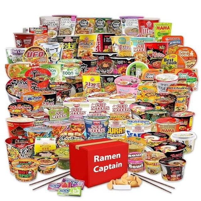 Ramen Captain Assorted Ramen Variety Bundle. Instant Noodle Box w/Fortune Cookie & Chopsticks - Nong Shim, Nissin, Samyang, Mama, Acecook, Kung-Fu, Ottogi with Extra Mix Brands. (15 pack cup