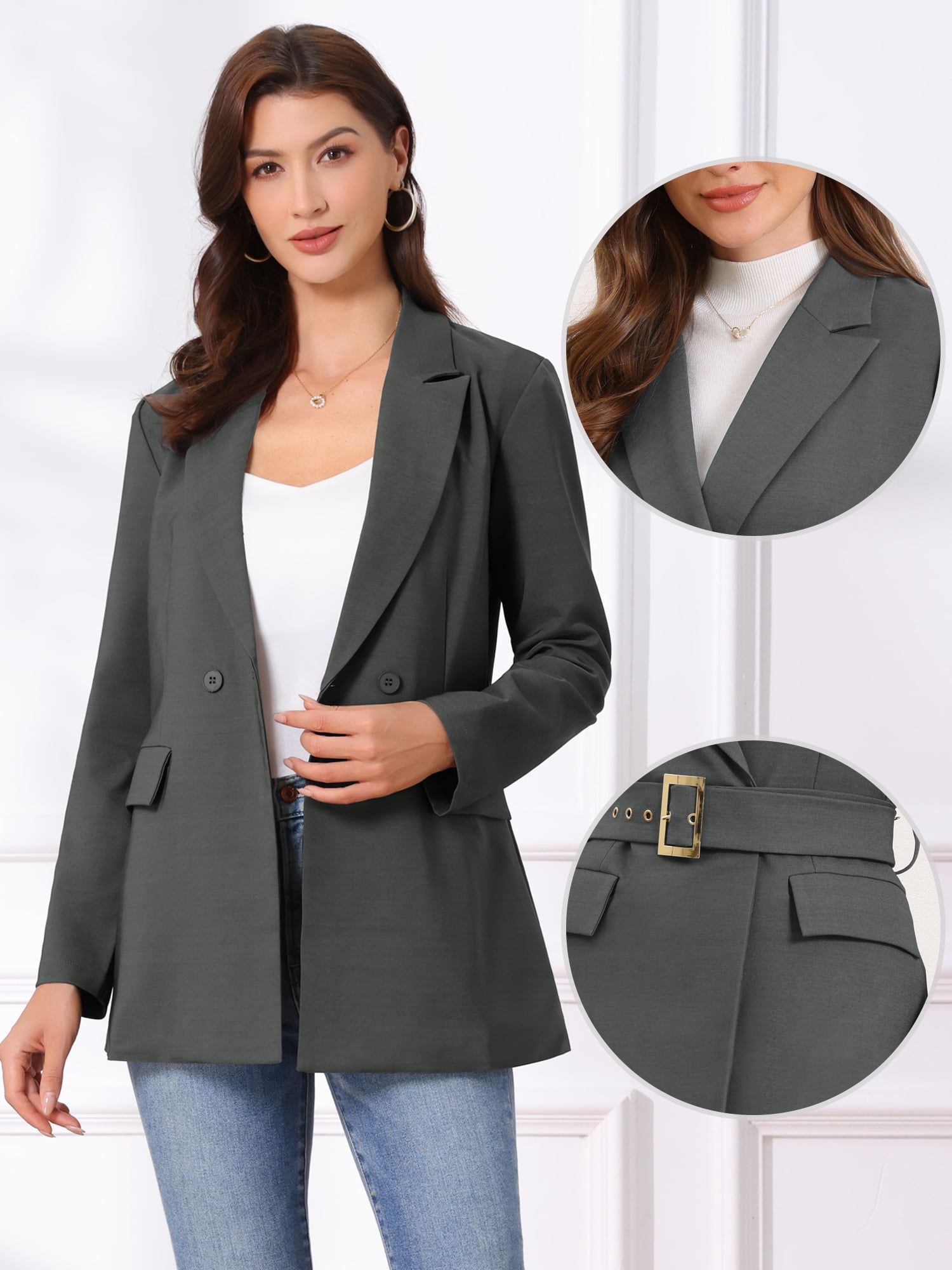 DARING DIVA Women's Long Sleeve Belted Long Blazer Suit Jacket XL Dark Gray
