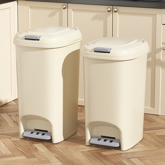UPOUART Plastic Trash Can with Lid and Foot Pedal Stylish Beige Garbage Bin for Home Use