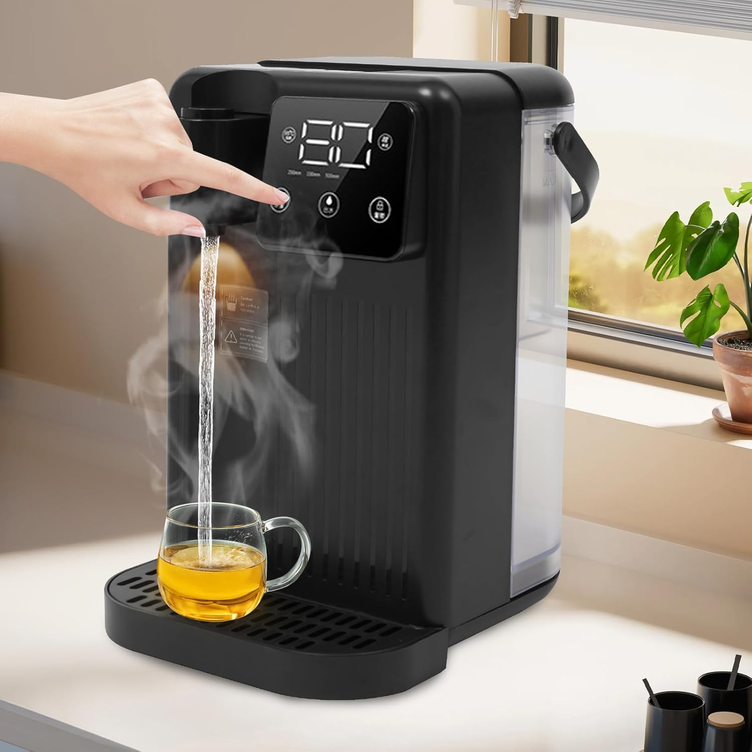 Instant Hot Water Dispenser, 3L/0.79-Gallon Desktop Water Dispenser 1700W Adjustable Water Output&Temperature Water Tank 3s Quick Heating Hot Water Filter System (Black)