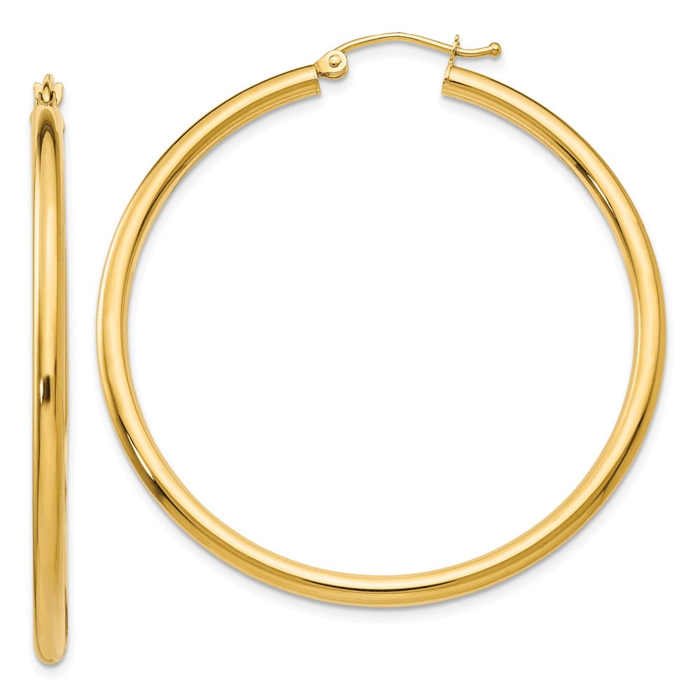 14K Real Solid Yellow Gold Classic Polished Round Hoop Earrings 2.5mm Tube Hoops