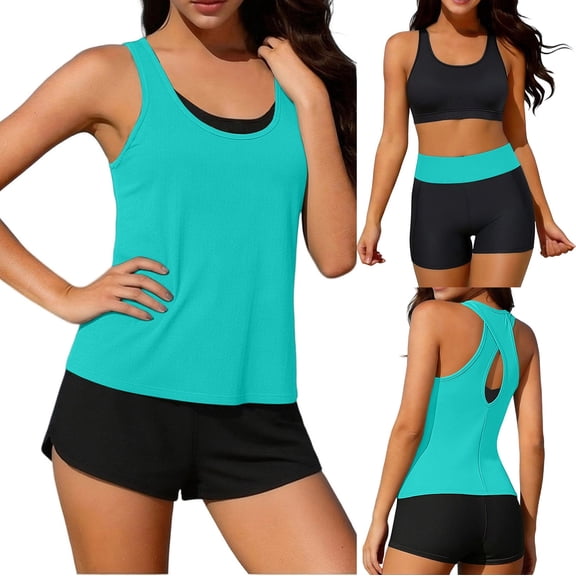 LWITHSZG 3 Piece Swimsuits for Women Tankini Bathing Suits Open Back Swim Top with Striped Bra and Boy Shorts Beach Vacation Outfits