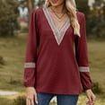 thumbnail image 2 of Npasoilc Tops for Women Trendy Jacquard Long Sleeve Elastic Cuff Lace Patchwork V-Neck Lightweight Breathable Blouse Solid Color Casual Loose T-Shirts, 2 of 6
