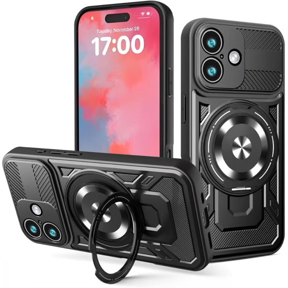 Case for iPhone 17,[Built-in Rotate Kickstand] Magnetic Rotate Ring Holder Heavy Duty Shockproof Drop Military Carbon Fibre Protect Phone Case for iPhone 17,6.3 inch 2025 (Black)