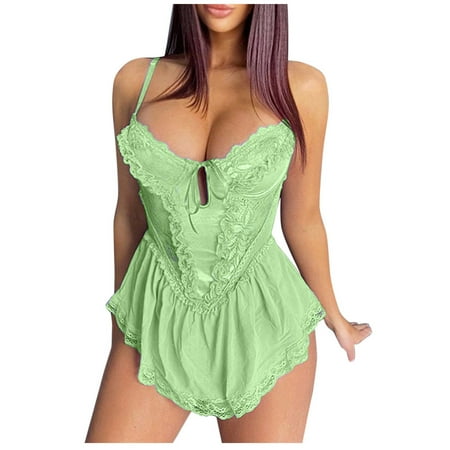 

Women Sexy Ruched Lingerie Sling Pajamas Dresses Thong Suit Wireless Bra Lingerie Backless Pajamas Nightdress