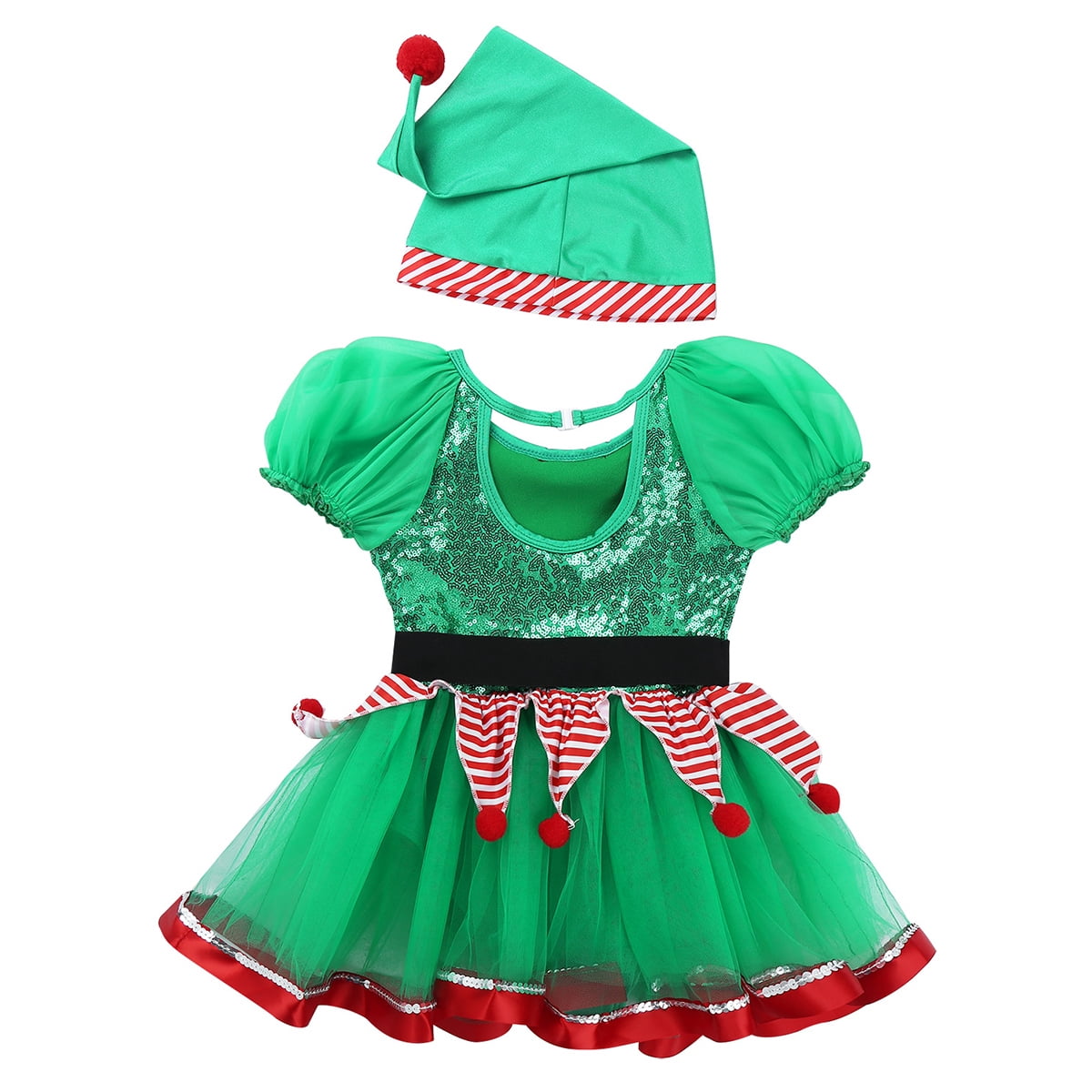 YiZYiF Kids Girls Christmas Elf Costume Figure Ice Skating Ballet Dance Tutu Dress with Hat Dancewear Green 12