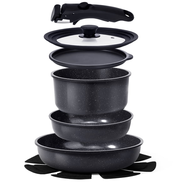 GIPP Ensemble de 8 Pcs de Batteries de Cuisine en Céramique avec Poignée Amovible, Va au Four et au Lave-Vaisselle, Ensemble de Casseroles et Poêles Antiadhésif, Batterie de Cuisine pour Induction