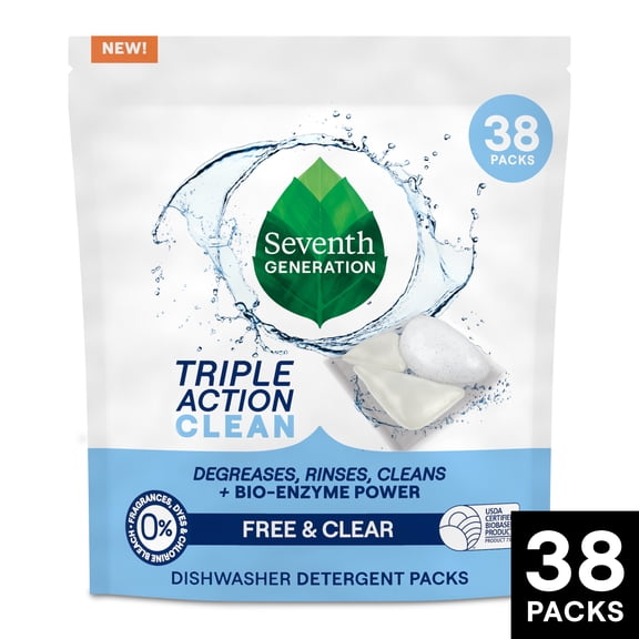Seventh Generation Dishwasher Detergent, Fragrance Free, Triple Chamber Detergent Packs, 38ct