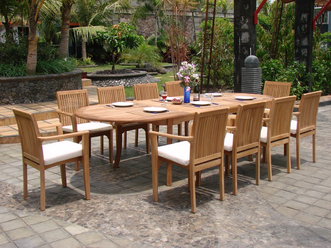 117” Oval Extn Table 8 Stacking Arm Chairs Napa 9-pc Outdoor Teak Dining Patio 