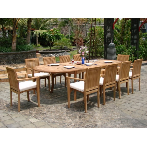 Teak Dining Set:10 Seater 11 Pc - Large 117" Oval Table And 10 Lua Stacking Arm Chairs Outdoor Patio Grade-A Teak Wood WholesaleTeak #WMDSLUi