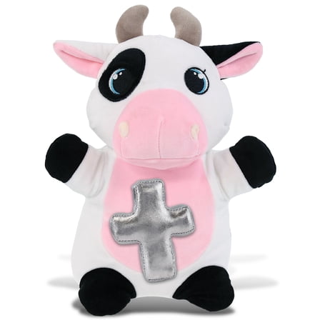 DolliBu Snug-Mooshies Standing Cow Stuffed Animal with Silver Cross Plush - Religious Baptism Gifts for Boys and Girls, Dedication Christening Gifts Plush Prayer Toy Healing Stuffed Animal - 10 Inches
