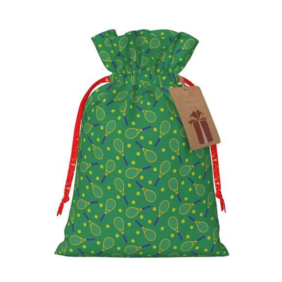 Naloa Tennis Rockets And Balls Drawstring Christmas Bags, 3D Xmas Gift Bags, Christmas Wrapping Bags, Xmas Goodie Bags, Treat Pouch Bags, Party Favor Bags-Small