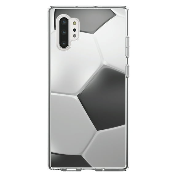 DistinctInk Clear Shockproof Hybrid Case for Galaxy Note 10 PLUS (6.8" Screen) - TPU Bumper, Acrylic Back, Tempered Glass Screen Protector - Soccer Ball 3D