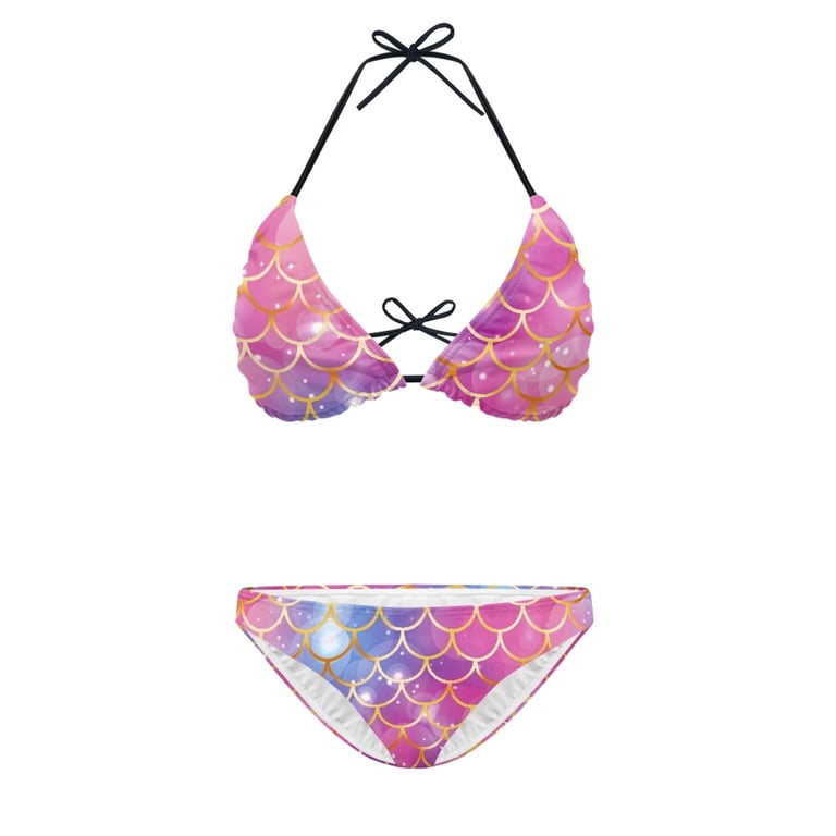 sexy mermaid bathing suit COEQINE Women's Allover Print Bikini Sets Sexy High Leg Spandex Spaghetti  Strap Bathing Suits Pink Mermaid Scales Starlight Removable Pad 2 Piece Sexy  Beachwear, S