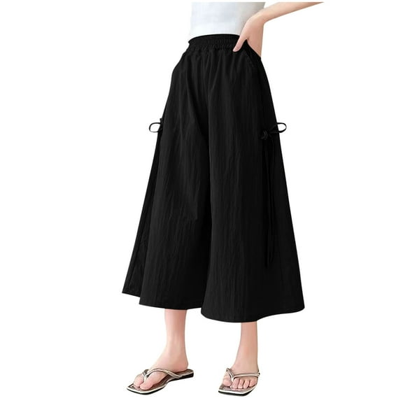 CQONEPT Capris Pants for Teen Girls Wide Leg Flowy Fashion Pant Bow Tie Baggy Casual Elastic Waist Pants Black 8-9Years