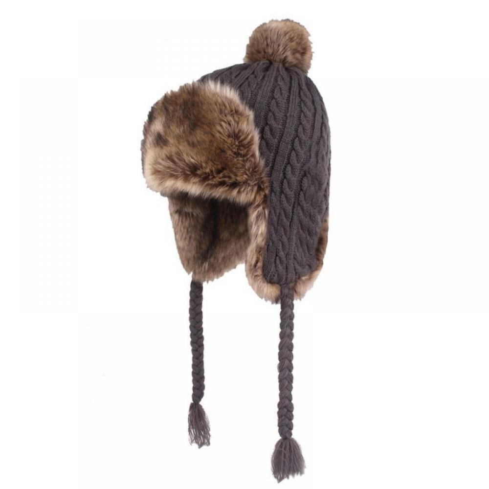 Home Prefer Womens Girls Earflap Hat Faux Fur Knit Hat Warm Snow Ski Trapper Hat 