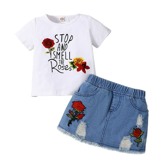 Kucnuzki Infant Baby Girls Outfit Sets Short Sleeves Floral Embroidered Tops Ripped Denim Skirt 2pcs Baby Girls Skirt Sets Summer White 12-18 Months