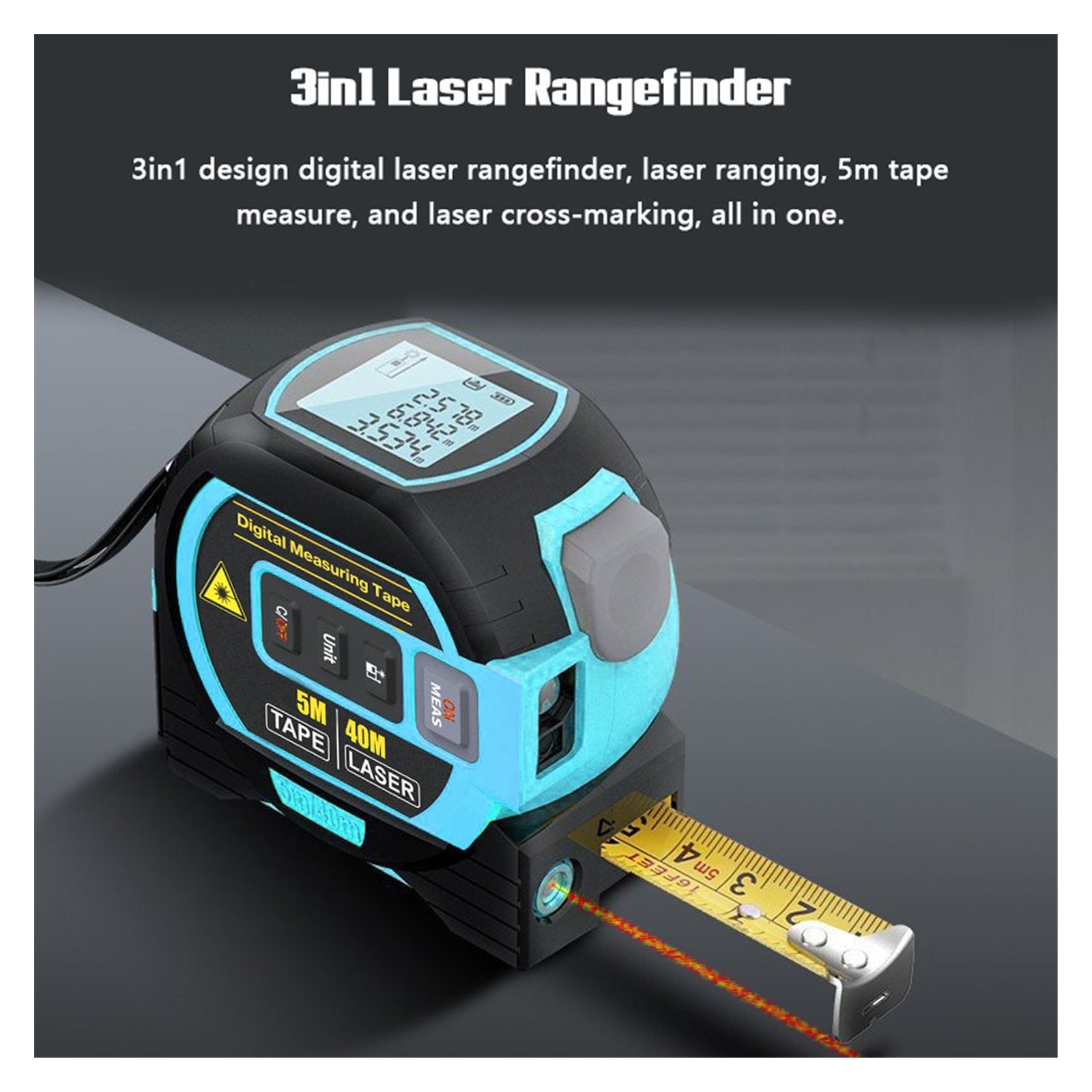 3 In 1 Rangefinder With 5m Tape Measure Ruler LCD Display with Backlight Distance Meter Building Measurement Device ,Easy to Use