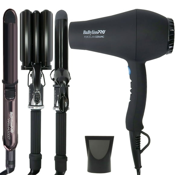 BaByliss Pro Porcelain Ceramic Gift Box (Dryer, Waver, Curling Iron) Black #BPPP7 + BaByliss Pro LIMITED EDITION Nano Titanium Prima 3000 Flat Iron Midnight Purple - 1¼" #BNTP3000TUC (Dual Voltage)