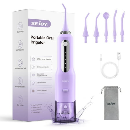 Sejoy Cordless Water Flosser Dental Teeth Cleaner, Professional 270ML Tank USB Rechargeable Dental Oral Irrigator for Home and Travel, 5 Modes 5 Jet Tips, IPX7 Waterproof, Easy-to-Clean,Purple
