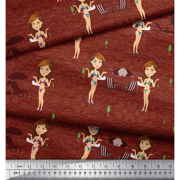 Soimoi Red Rayon Fabric Chairs & Girl Beach Print Fabric by the Yard 56 Inch Wide