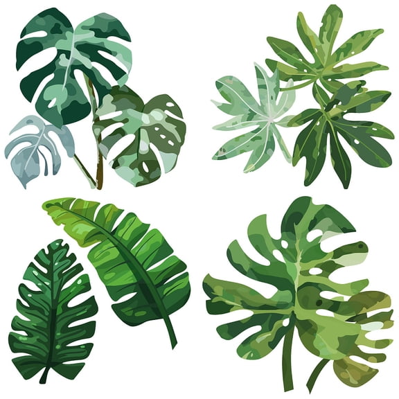 4Pcs 6.3 Inch Tropical Plant Window Clings Plastic PVC Summer Green Plants Tree Leaves Static Removable Waterproof Non Adhesive