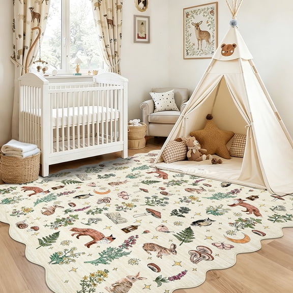 HIWEAVER Beige 4′ x 6′ Scalloped Washable Area Rug for Living Room Modern Forest Animal Accent Throw Carpet for Bedroom Non-Slip Floor Cover Room Home Decor