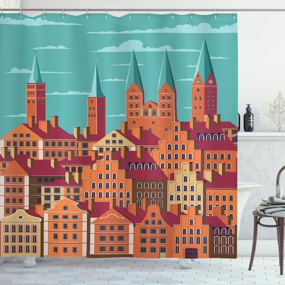 Amsterdam Shower Curtain, Vertical Computer Graphics of Retro Buildings, Fabric Bathroom Set with Hooks, 69W X 84L Inches Extra Long, Cadet Blue Burnt Sienna Dried Rose Sand Brown, by Ambesonne