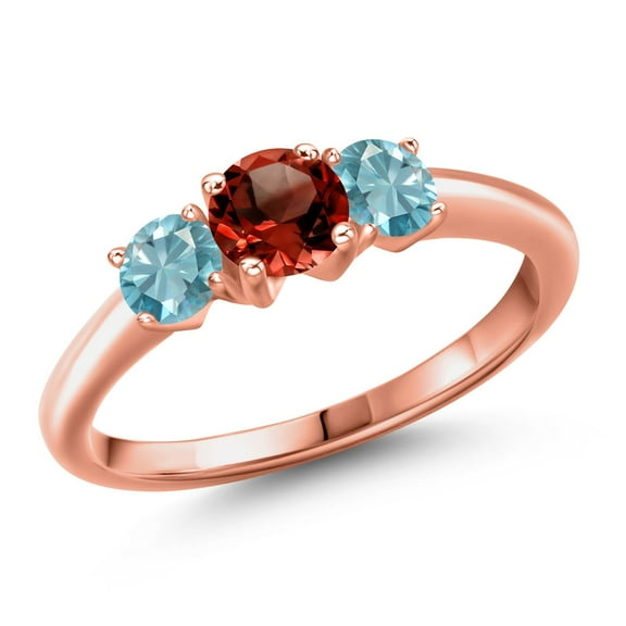 Gem Stone King 18K Rose Gold Plated Silver Red Garnet and Blue Zircon Engagement Ring for Women | 1.55 Cttw | Round 5MM | Gemstone January Birthstone | Size 7