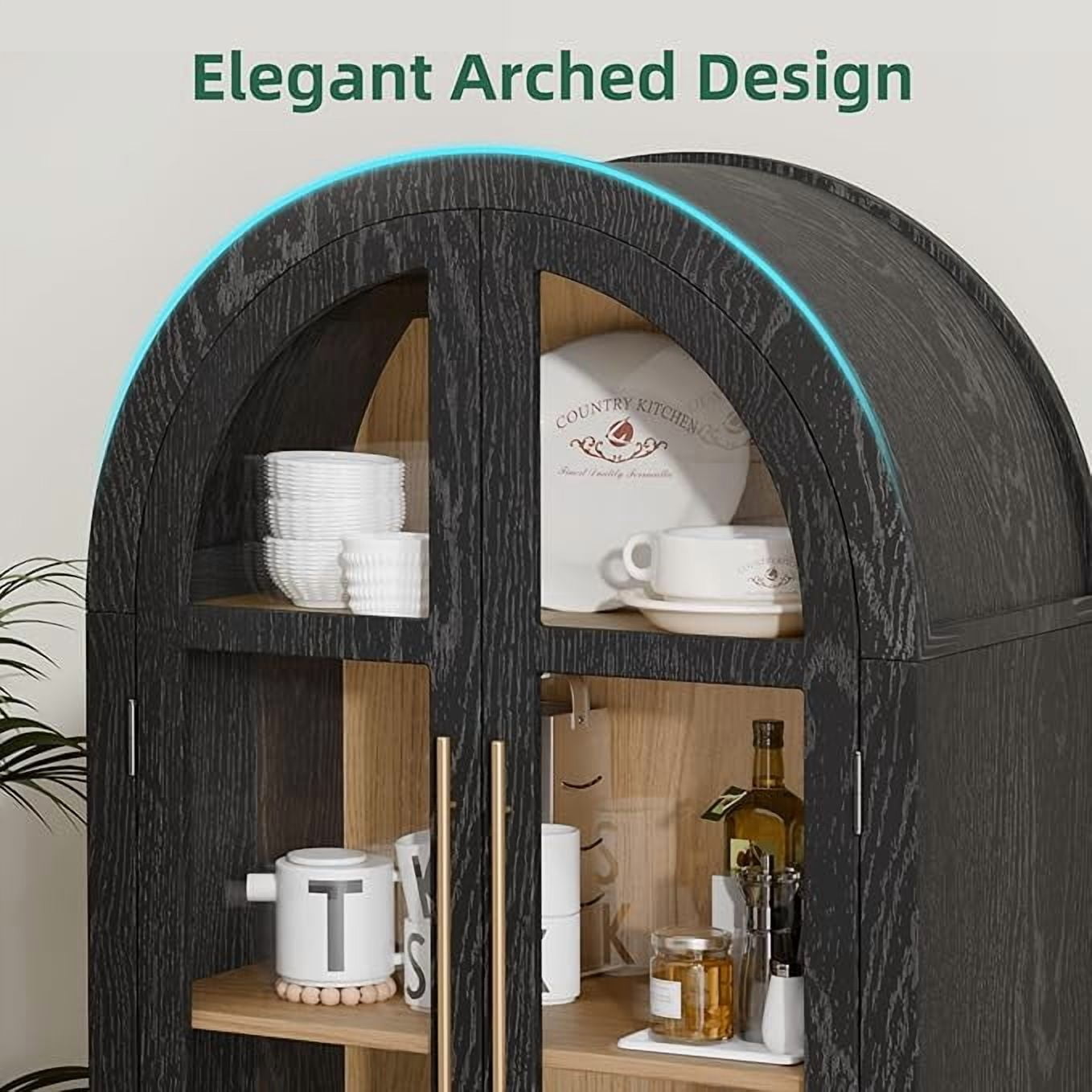 MAYEERTY 71"H Arched Accent Cabinet, Wood Kitchen Pantry Cabinets with Glass Rattan Door and Adjustable Shelf for Living Room, Dining Room, Black