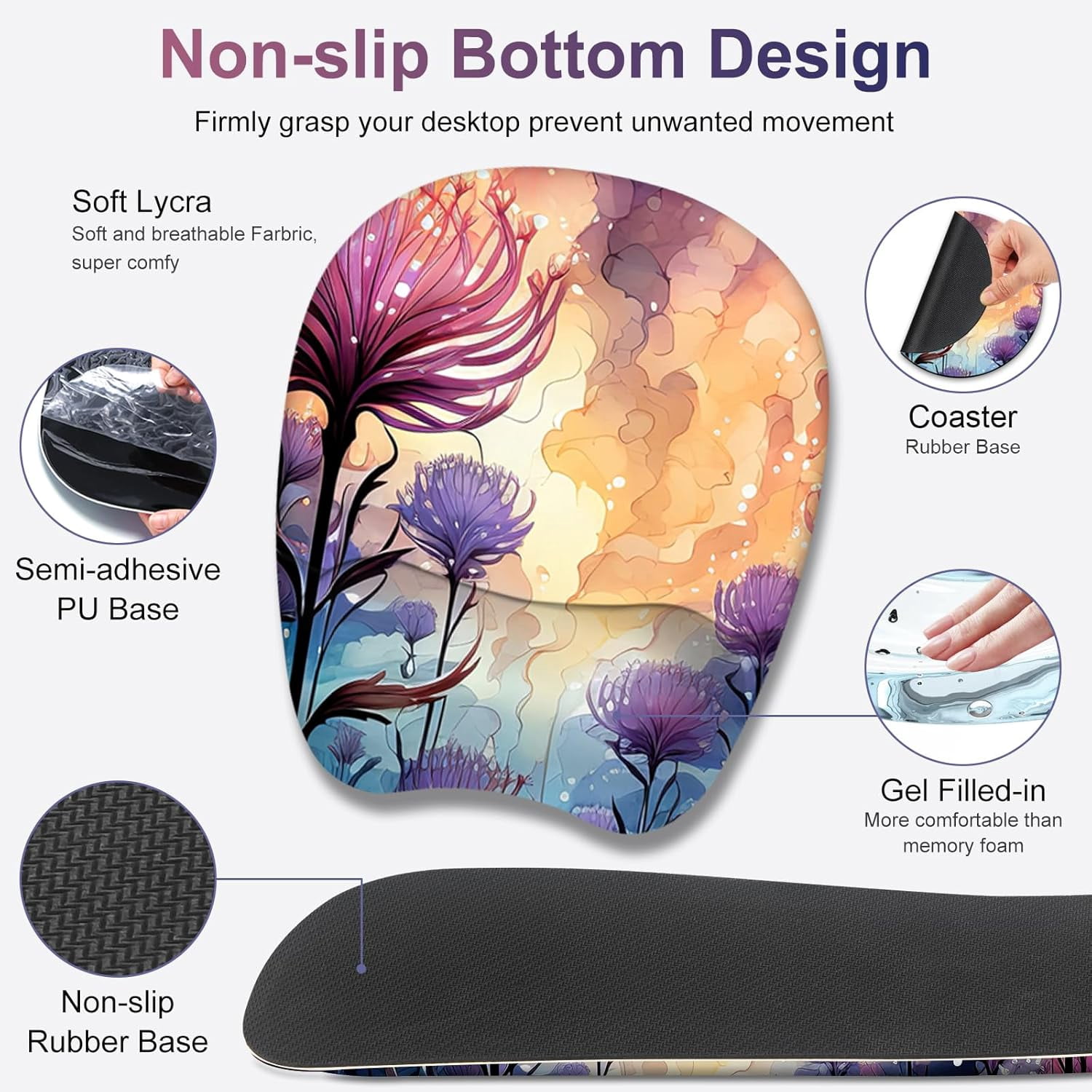 4 in 1 Large Mouse Pad, Keyboard Wrist Rest Set, Ergonomic Mouse Pad with Wrist Support, Desk Mat with Stitched Edges, Extended Desk Pad Waterproof Desk Mat for Home Office I Blossom Purple Flower