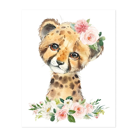 Cheetah, Jungle Animals, Safari Animals, Pink Flowers, Girl Nursery - Illustration Watercolor Animal Floral Wildlife Unframed Wall Art Print 6 x 8 inches