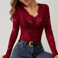 thumbnail image 4 of felwors Women Floral Lace Long Sleeve See-Through Tops Crewneck Low Cut Lined Bust Shirts Slim Chest Tie Bow Crop Blouses Wine, XL, 4 of 8