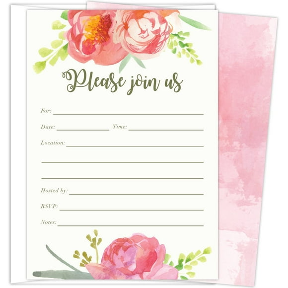 Pink Vintage Floral Set of 25 Fill-in Invitations and Envelopes for Soirees, Bridal Showers, Baby Showers, Birthdays, Graduations, Dinner Parties, Rehearsal Dinners and Bachelorette Parties.