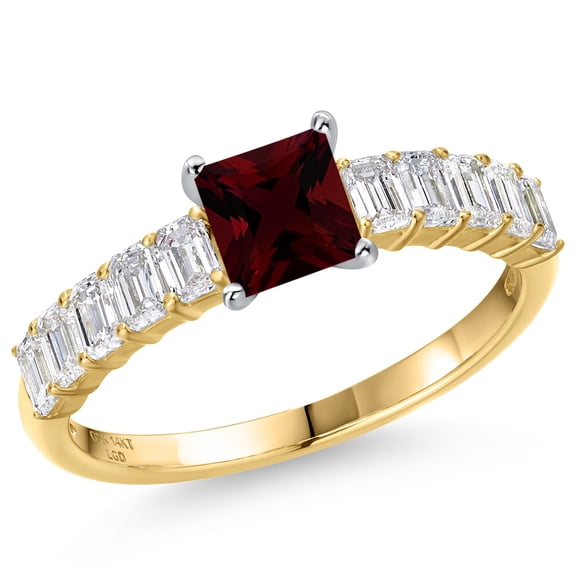 Gem Stone King 14K Two Tone Gold Red Garnet and Lab Grown Diamond Engagement Ring for Women | 1.82 Cttw | Princess 5MM | Gemstone January Birthstone | Size 5