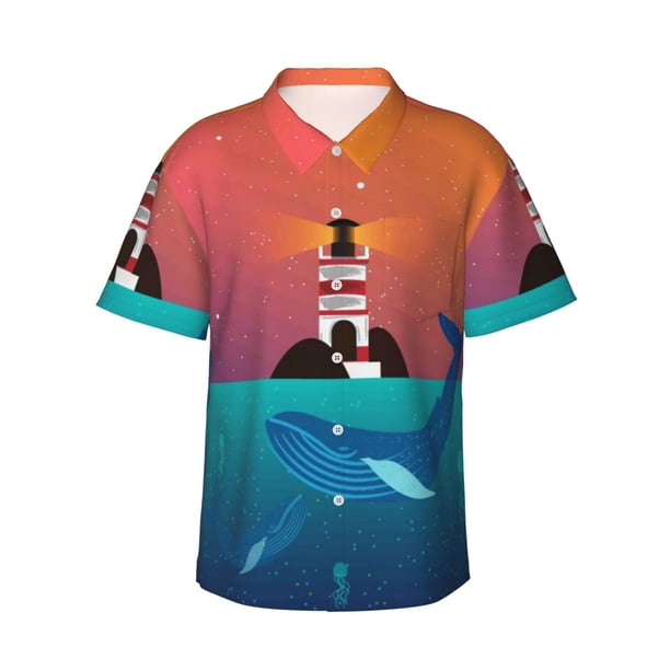 Balery Lighthouse and Whale Camisas hawaianas de manga corta para hombre, camisas playeras de corte holgado, camisas de vacaciones con botones,3X-Large