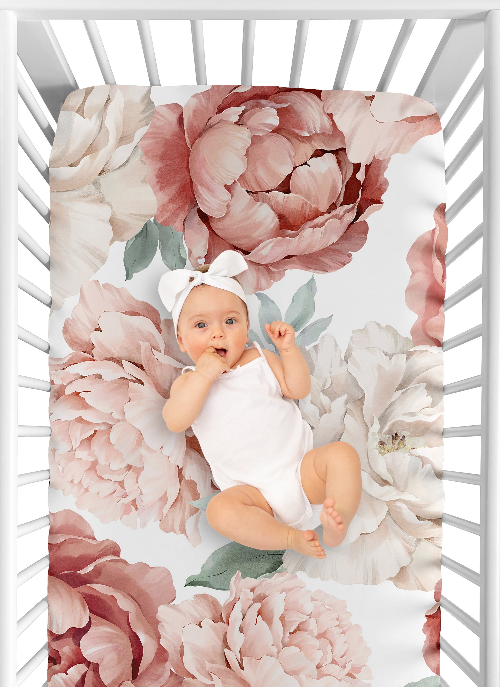 Sweet Jojo Designs Peony Floral Garden Flower Pink and Ivory Fitted Crib Sheet