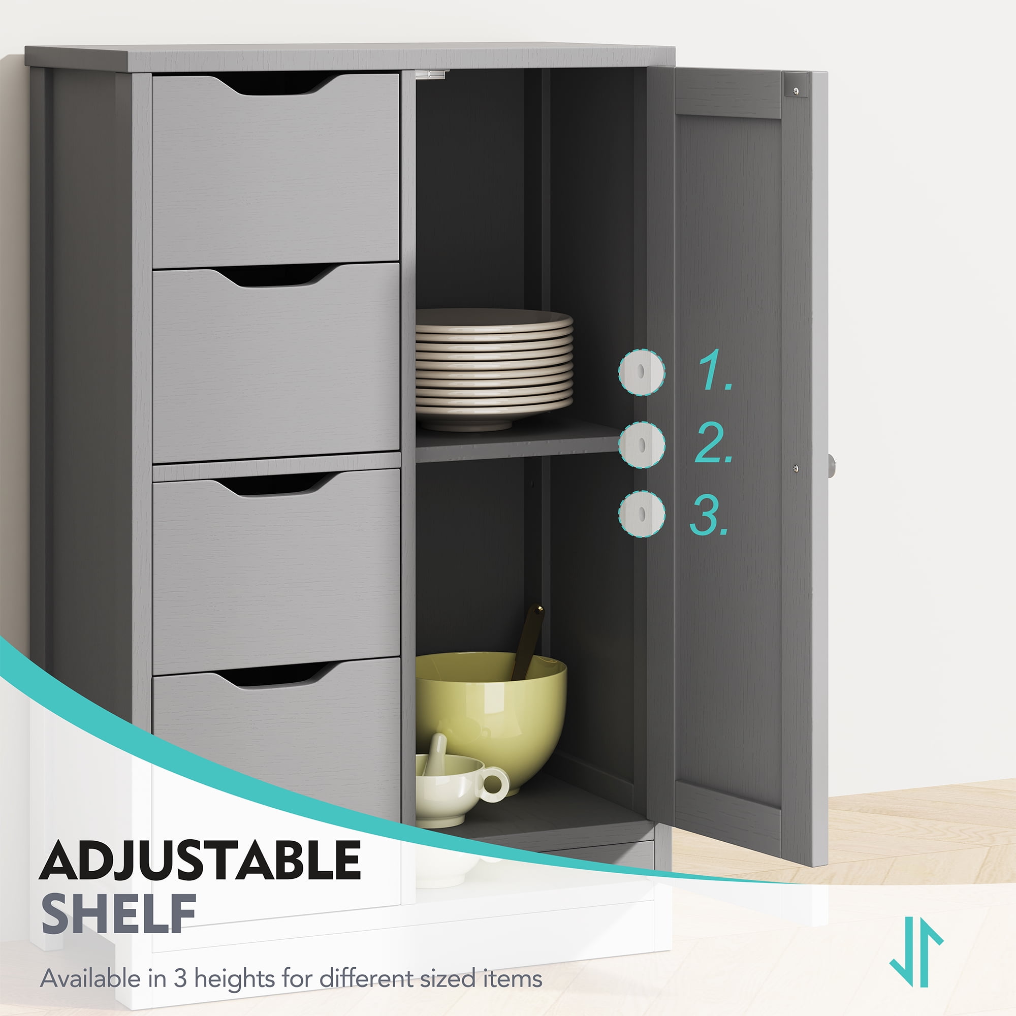 Walsunny Bathroom Floor Cabinet Storage Organizer Freestanding Wooden Cupboard with Door Drawers Adjustable Shelf for Small Spaces Laundry Room Kitchen Living Room Bedroom Home Office,Gray