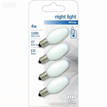 4PK 4W C7 Frosted Night Light Bulbs E12 Candelabra Base Incandescent